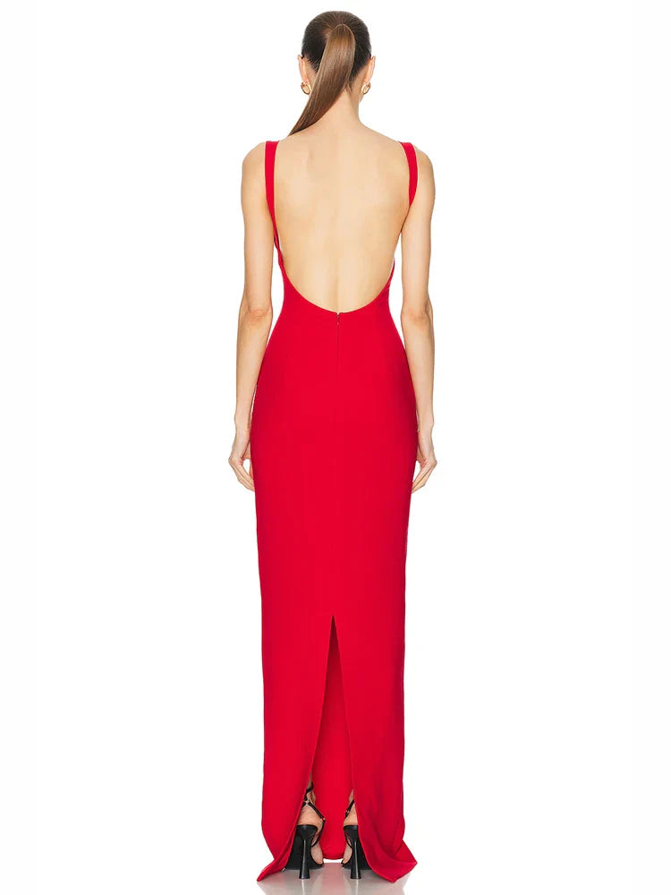 Red Deep V Neck Backless Bandage Dress | Ankle-Length Gown