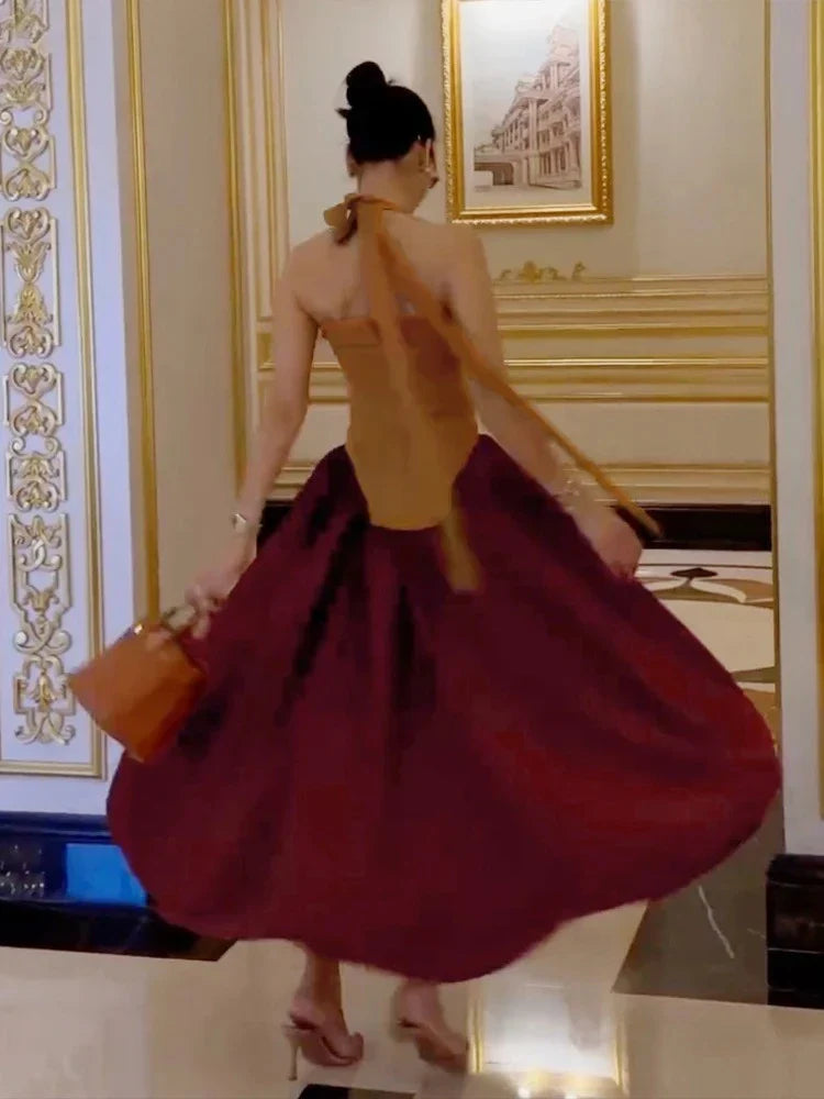 Patchwork Halter Backless Maxi Dress