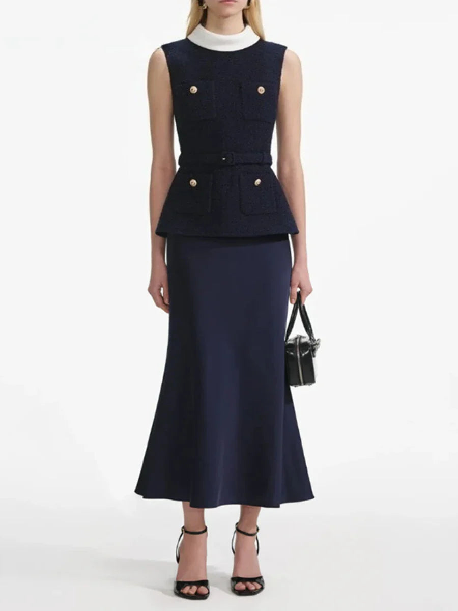 Navy Buttoned Skirt Set | Sleeveless Two-Piece Office Look