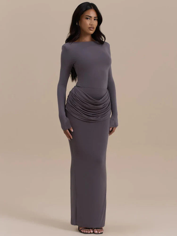 Long Ruched Grey Gown | Sleek Stretch Floor-Length Dress
