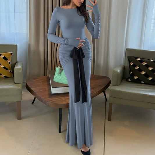 Grey Full Sleeve Bandage Gown | Elegant Slim Fit Autumn Edit