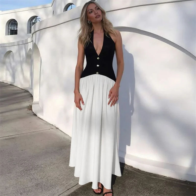 Halter V-Neck Patchwork Backless Maxi Dress