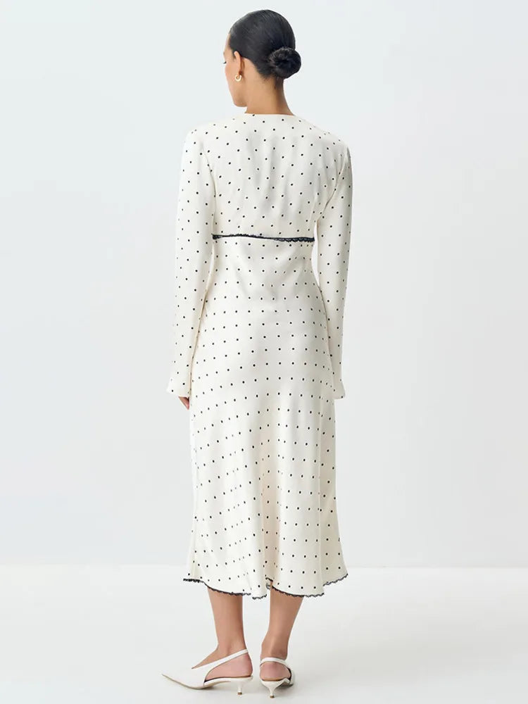 Satin Polka Dot Maxi Dress | V-Neck Bodycon Party Gown