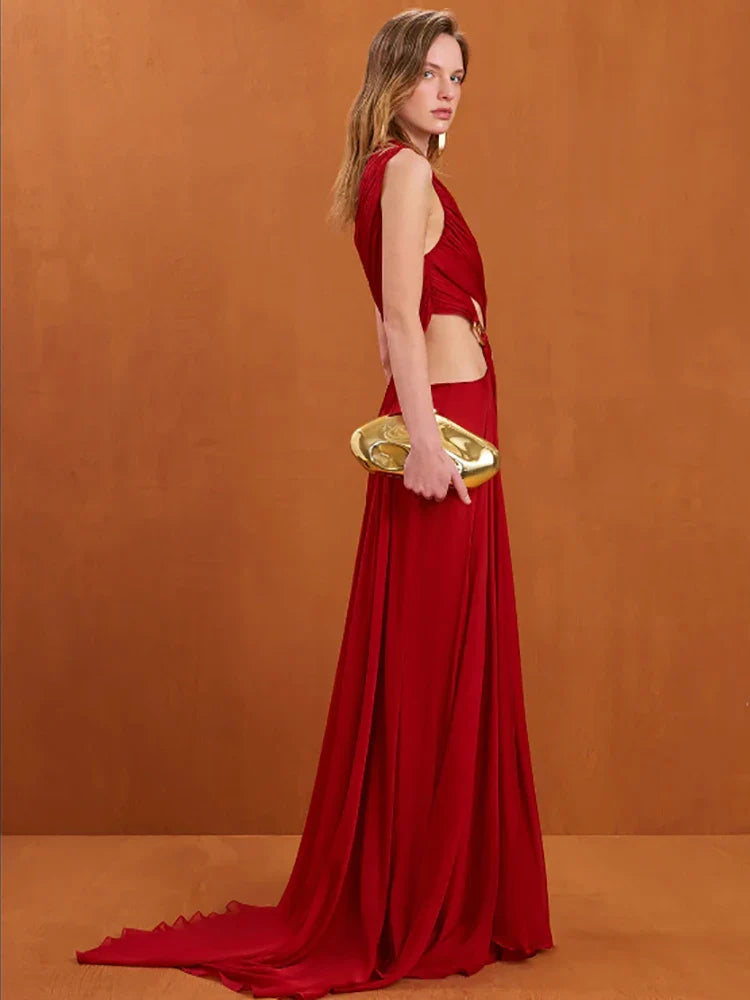 Red One Shoulder Dress | Irregular Cutout Slim Evening Gown
