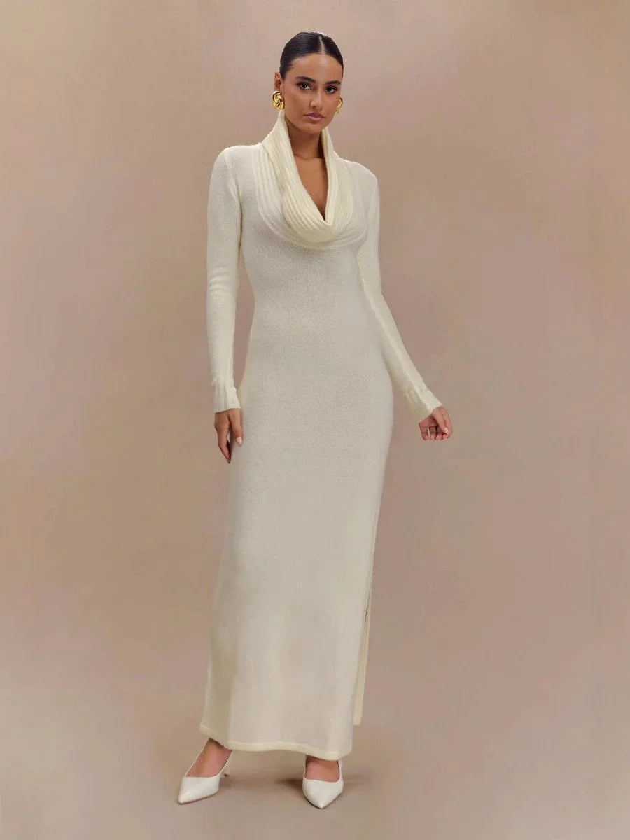 White Draped Cowl-Neck Knit Maxi Dress