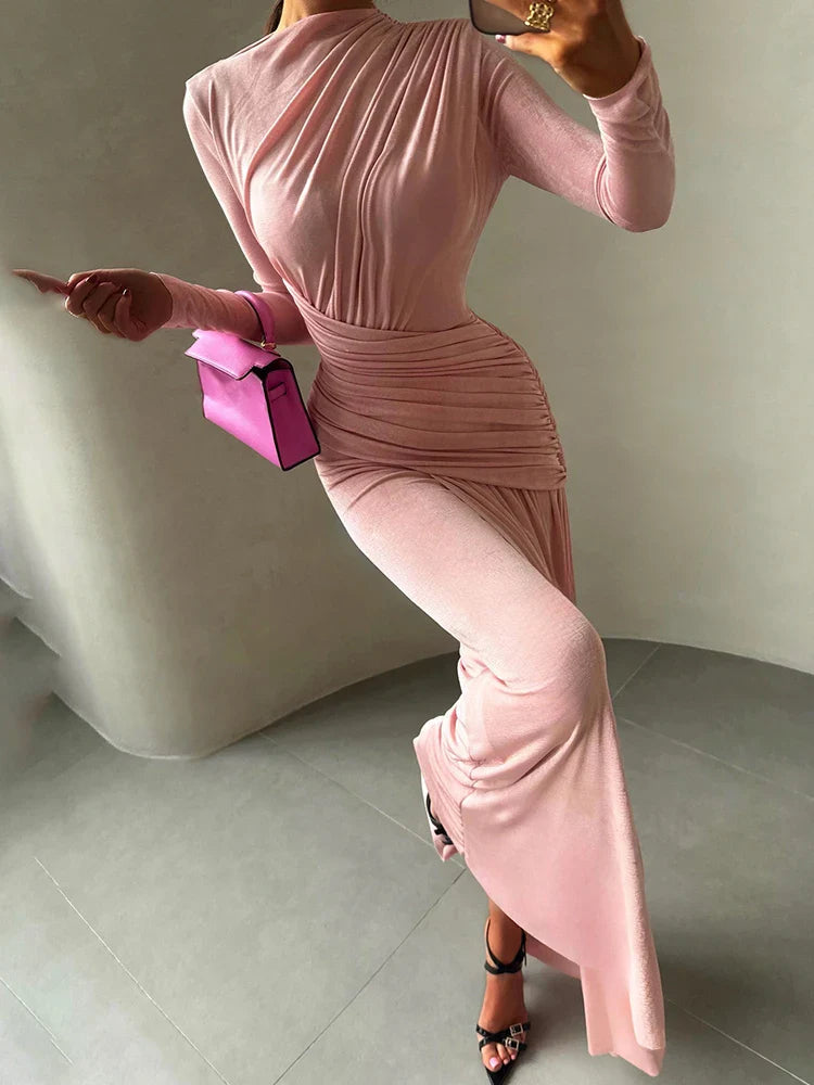 Blush Pink Ruched Drape Maxi Dress | Long Sleeve Formal Gown