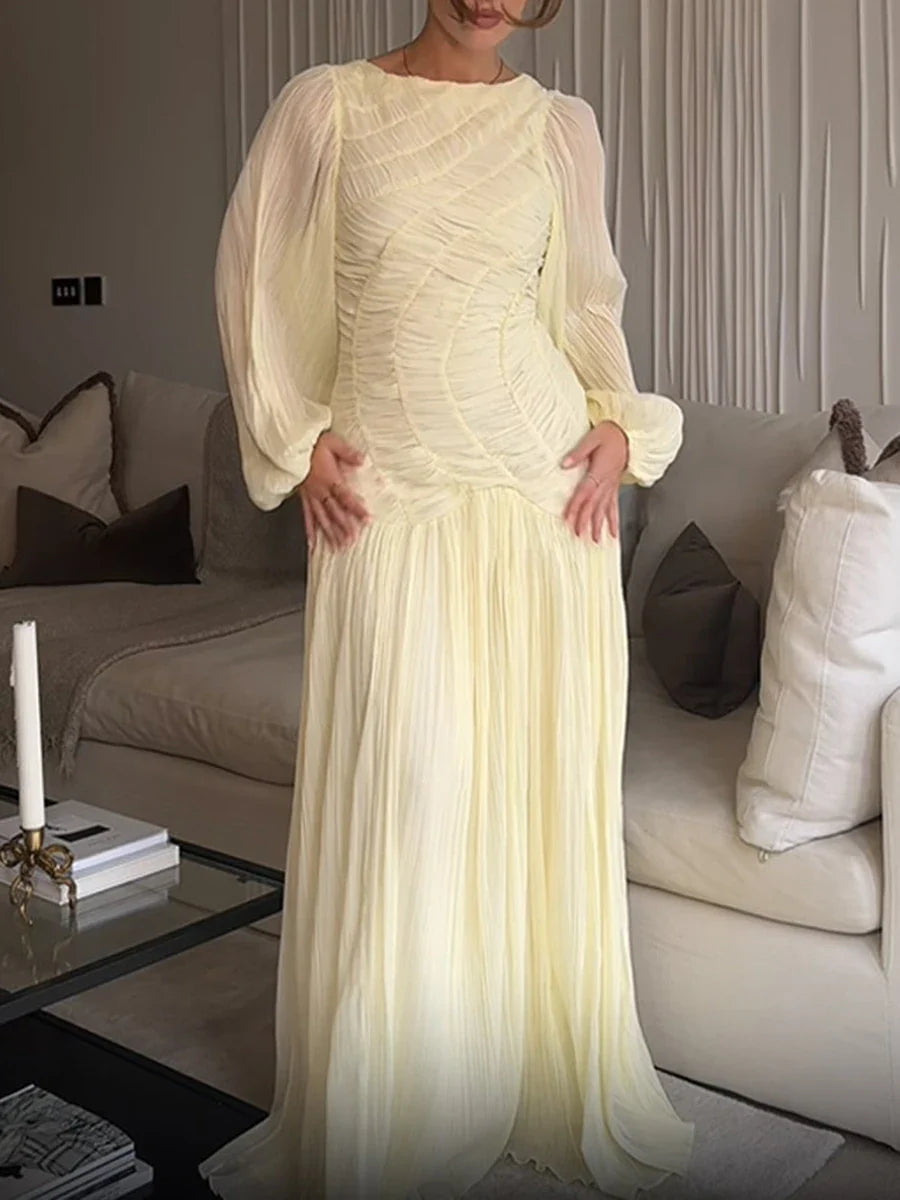 Soft Yellow Pleated Maxi Dress | Long Sleeve Elegant Lounge Look
