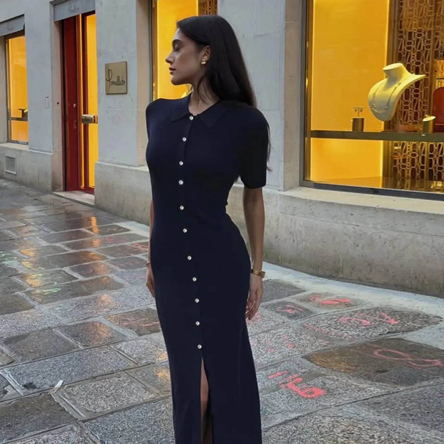 Knit Button-Down Midi Dress | Slim Lapel Office Outfit