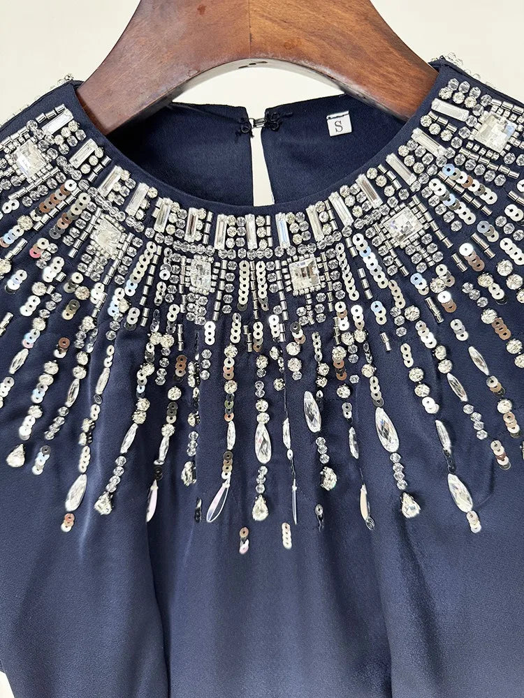 Navy Embroidered Neck Evening Gown | Regal A-Line Formal Dress