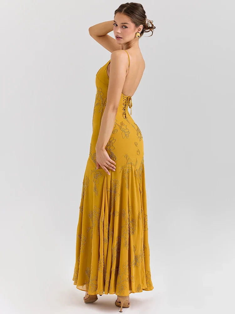 Mustard Beaded Spaghetti Strap Backless Maxi Dress – Elegant