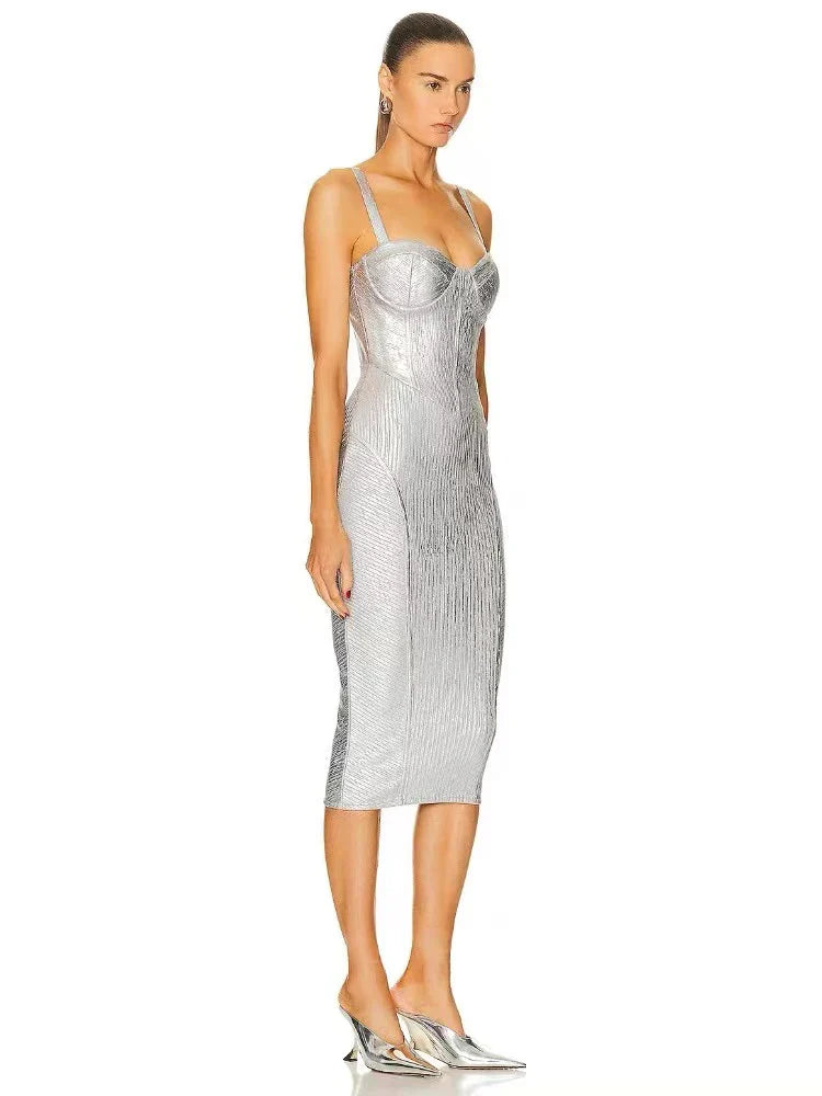 Silver Foil V Neck Bandage Dress | Spaghetti Strap Midi Gown
