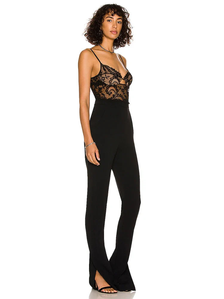 Black Lace Bandage Jumpsuit | Spaghetti Strap Bodycon Suit