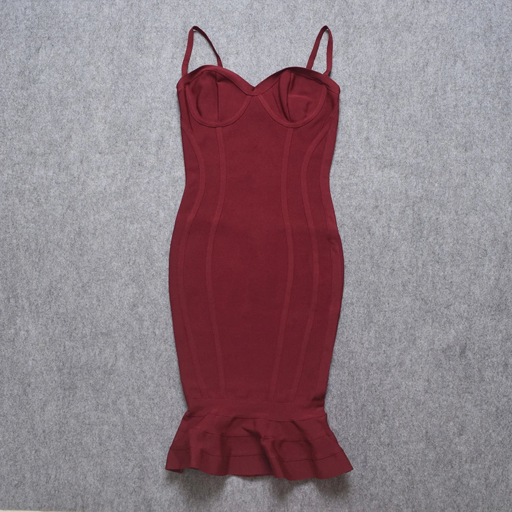 Burgundy Spaghetti Strap Mermaid Midi Dress | Sculpted Bandage