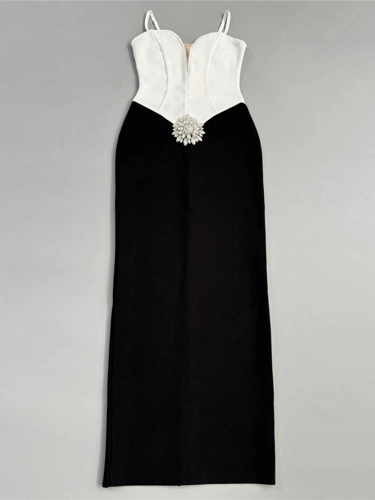 Black White Diamond Bandage Dress | Spaghetti Strap Evening Gown