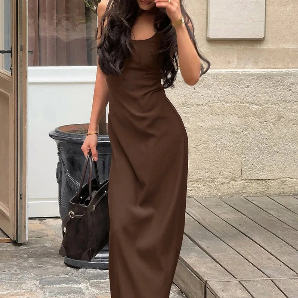 Brown Square Neck Maxi Dress | Vintage Spaghetti Strap Gown