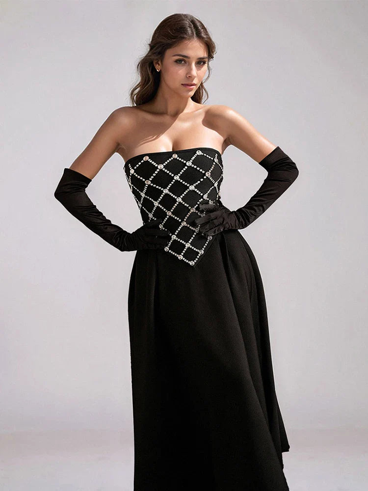 Black Strapless Rhinestone Bandage Dress | Sparkling A-Line Gown