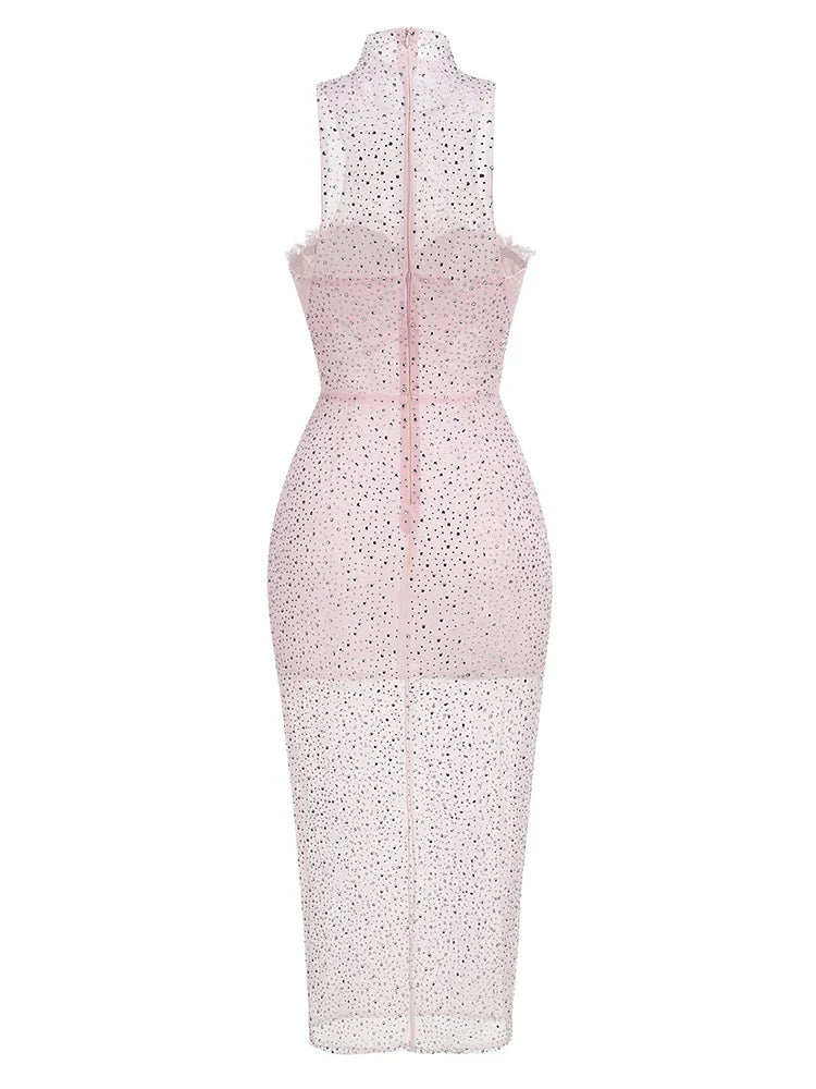 Pink High Neck Crystal Mesh Midi Dress | Sleeveless Rhinestone
