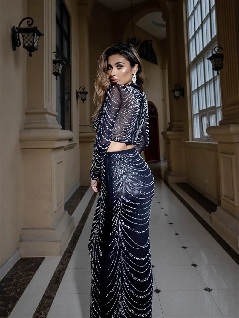 Black Sequin Crop Top & Maxi Skirt Set | Luxe Gala Party Look