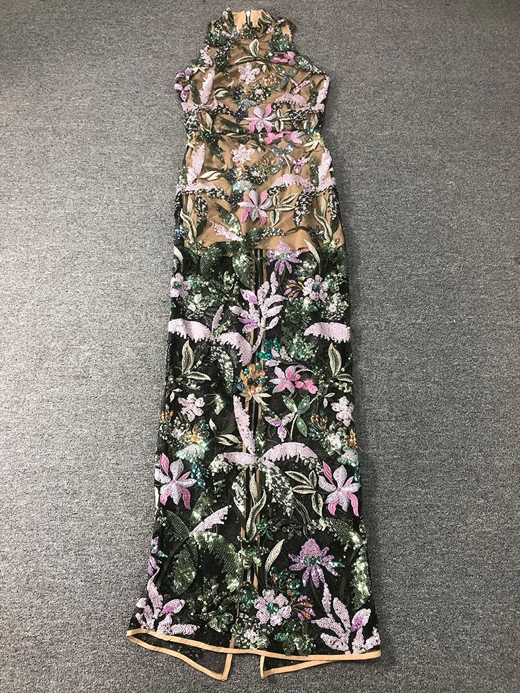 Black O Neck Embroidered Sequin Dress | Sleeveless Long Gown