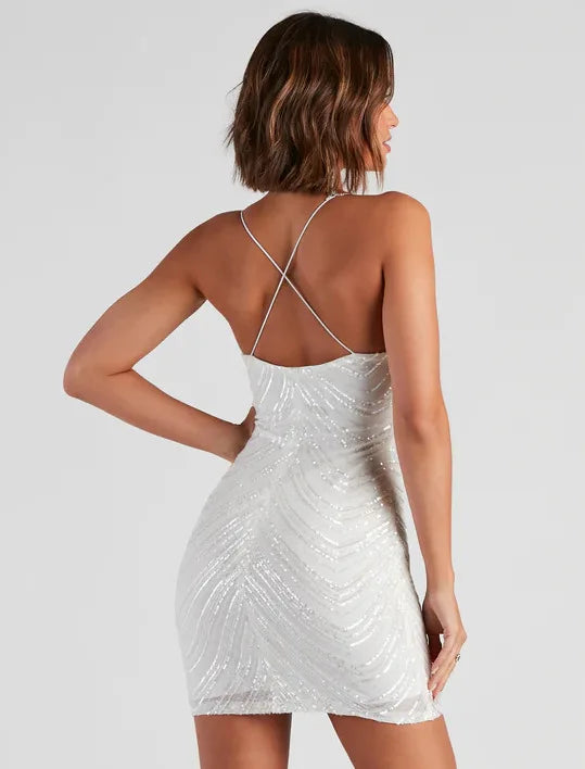 Sequin Spaghetti Strap Cocktail Mini Dress for Evening Parties