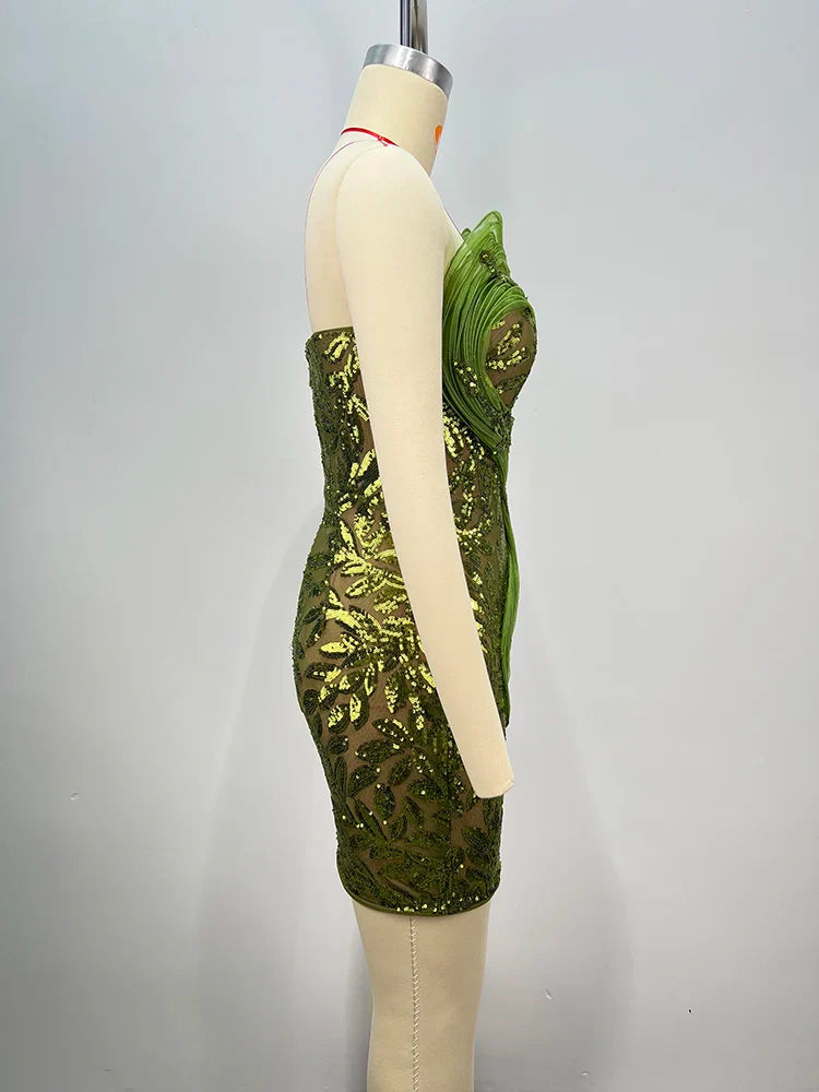 Green Strapless 3D Mesh Sequin Mini Dress | Sparkly Cocktail Gown