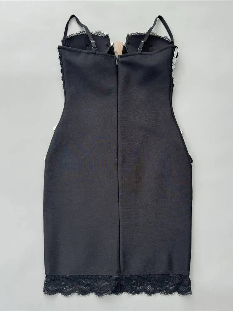 Black Rhinestone Lace-up Bandage Dress | Spaghetti Strap Mini