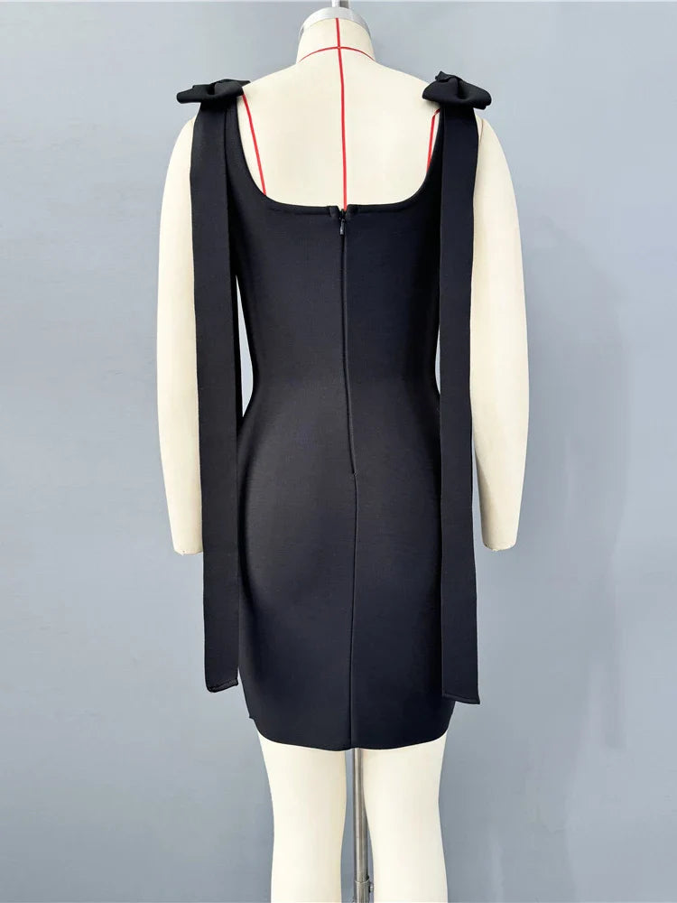 Black Rhinestone Bow Bandage Dress | Sleeveless Mini Gown