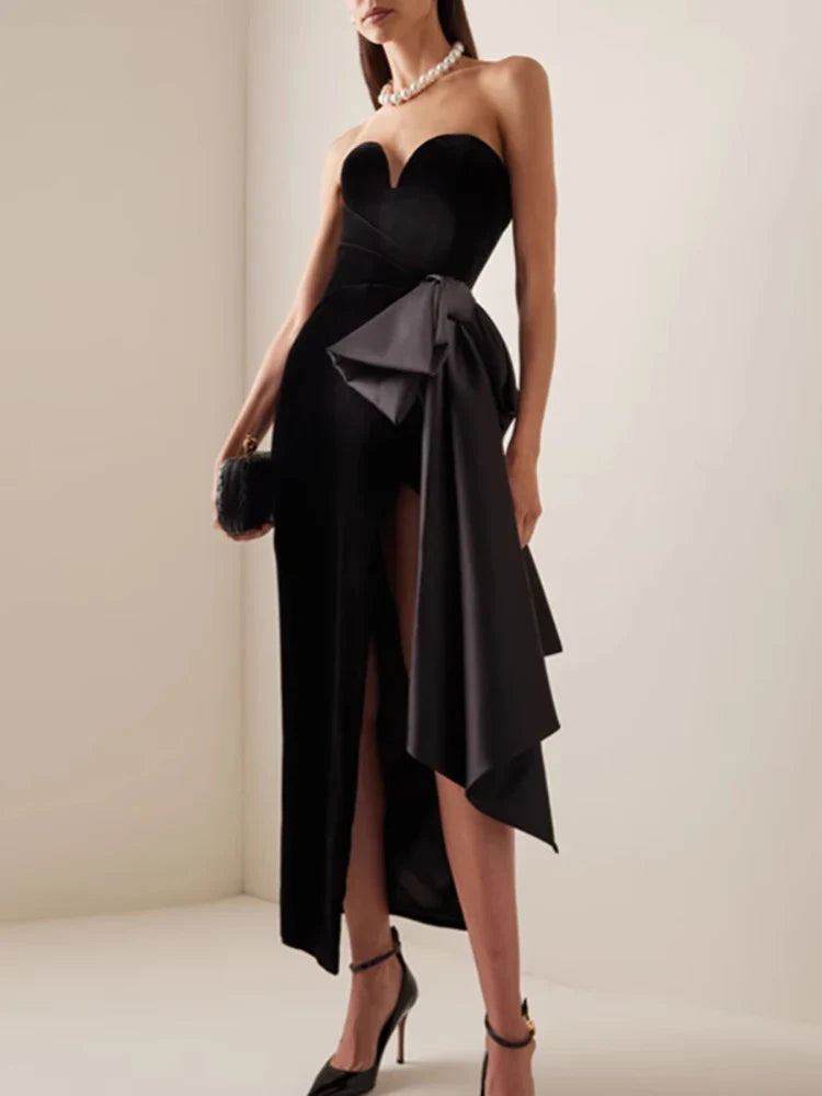 Black Velvet Strapless Bow Dress | Split Mid-Calf Evening Gown