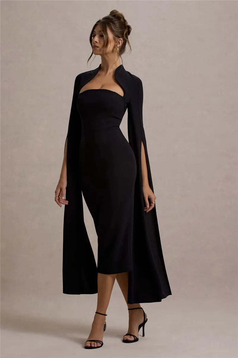 Black Midi Dress with Long Cape Sleeves