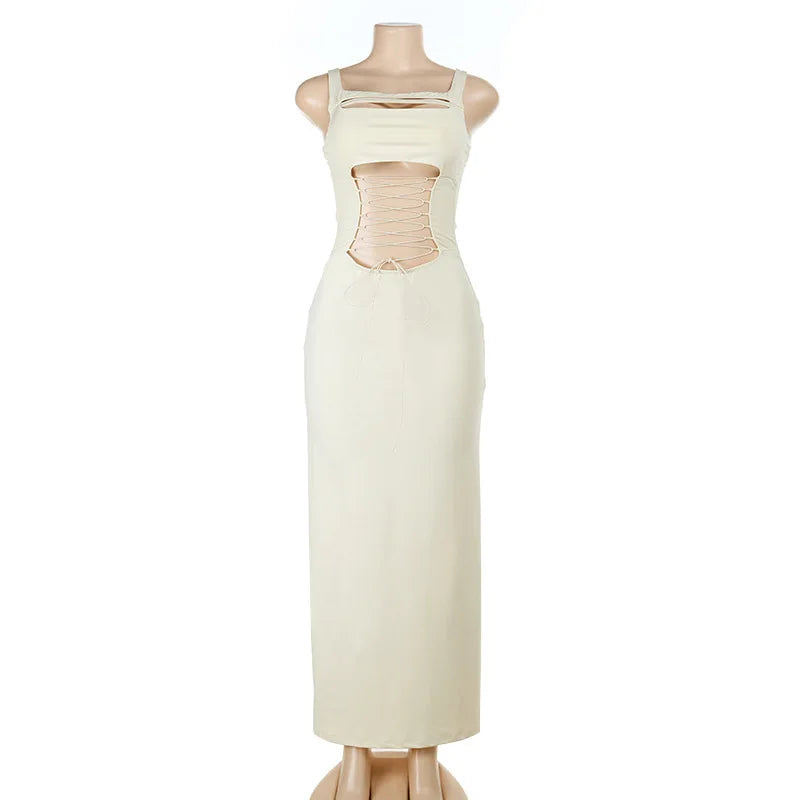 Champagne Beige Cut-Out Maxi Dress | Ankle-Length Sheath for Resort & Nights Out