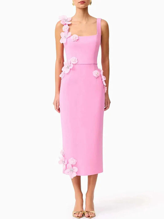 Square Neck Floral Bodycon Dress | Sleeveless Mid-Calf Gown