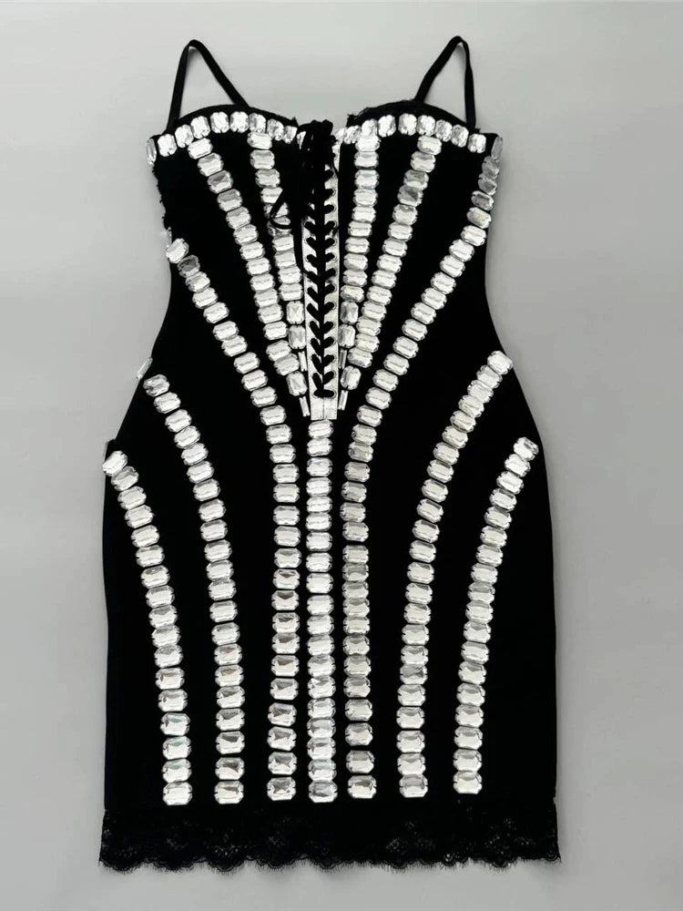 Black Rhinestone Lace-up Bandage Dress | Spaghetti Strap Mini