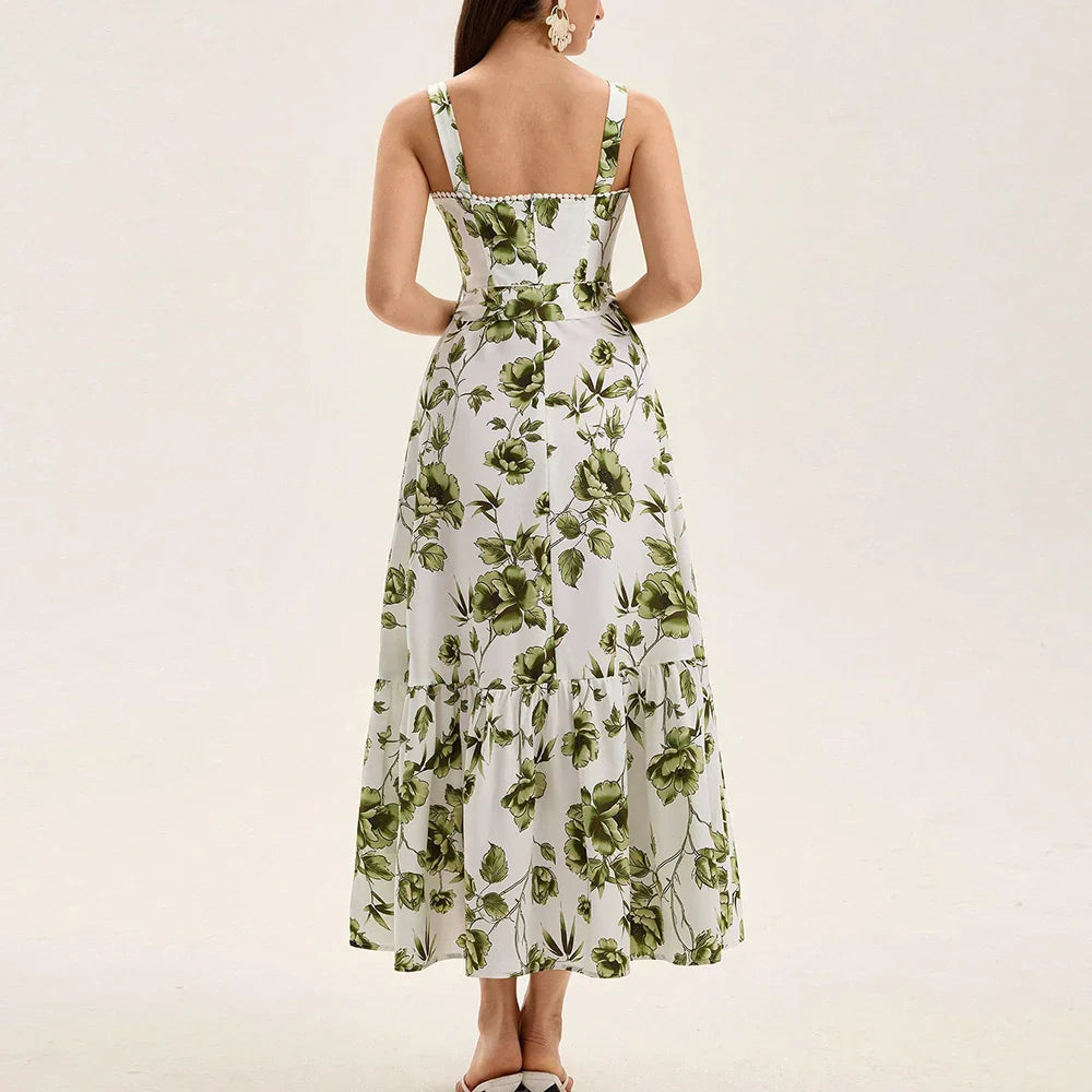 Green Floral Belted Maxi Dress | Square Neck Sundress for Late Summer