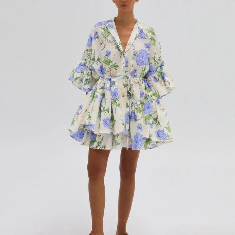 Blue Floral Print Lace Up Mini Dress – Autumn Stand Collar A-line Office Chic