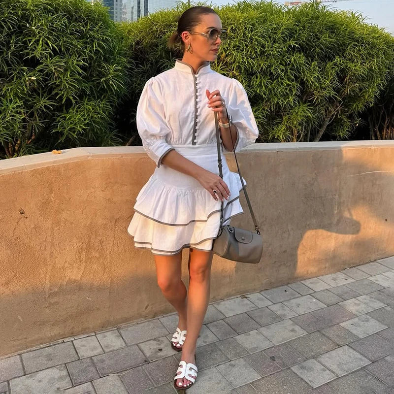 White Stand Collar Puff Sleeve Mini Shirt Dress | High Waist A-Line Office Lady