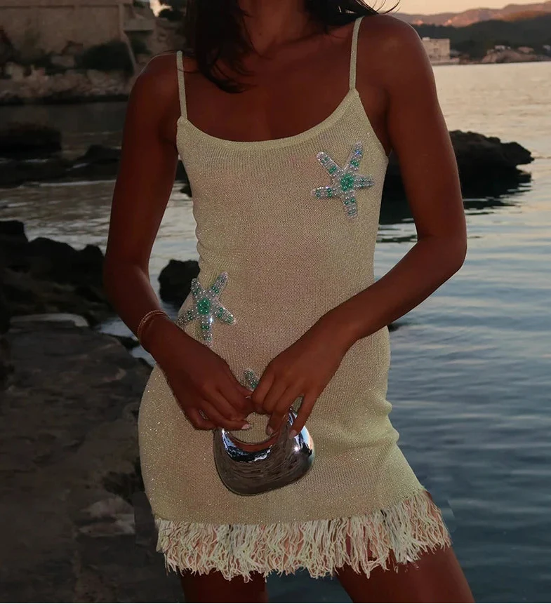 Starfish embellished mini dress for tropical-inspired brunch and travel  