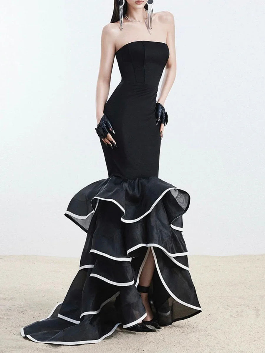 Black Ruffle Strapless Mermaid Gown | Floor-Length Statement Dress
