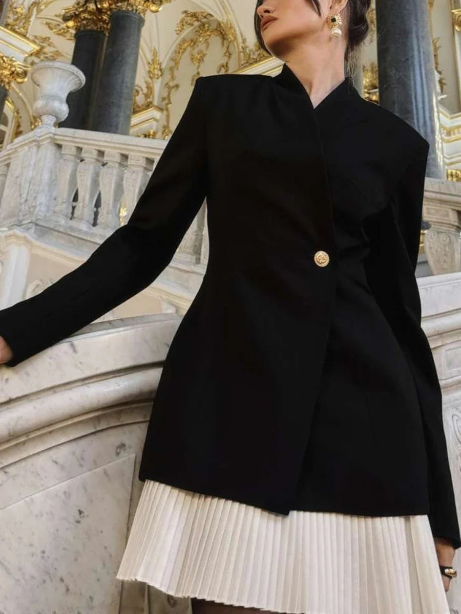 Black Blazer Mini Dress | Pleated Skirt Patchwork & Gold Detail