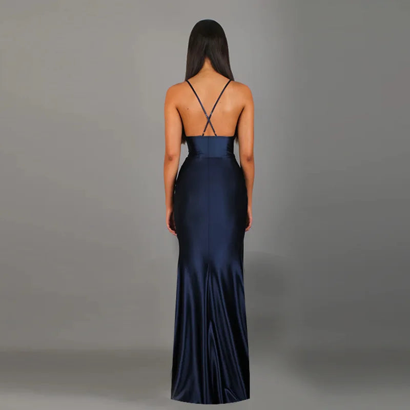 Blue Satin Ruched Maxi Dress | High Slit Club Gown