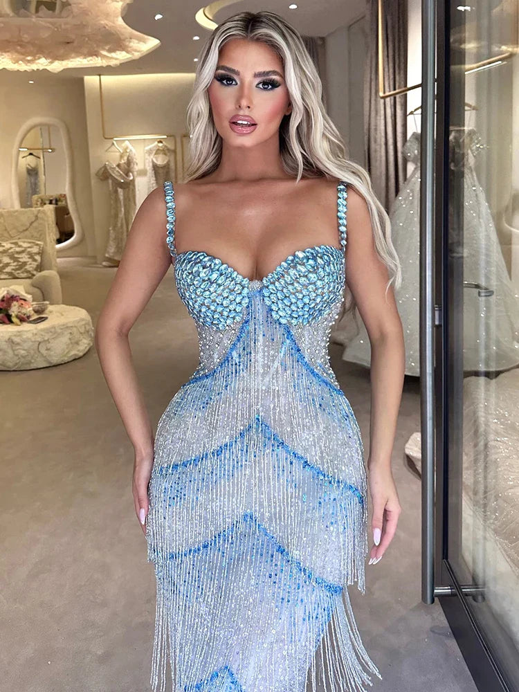 Blue Crystal Tassel Gown | Sweetheart Bustier Strap Evening Dress