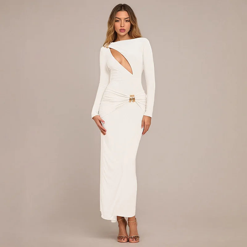 White Cutout Sheath Dress | Modern Long Sleeve Maxi