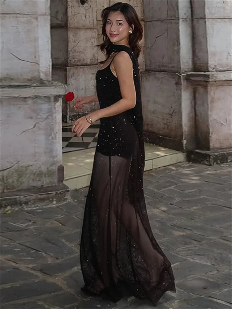 Sheer Lace-Up Black Dress | Floor-Length Mesh Bodycon Gown