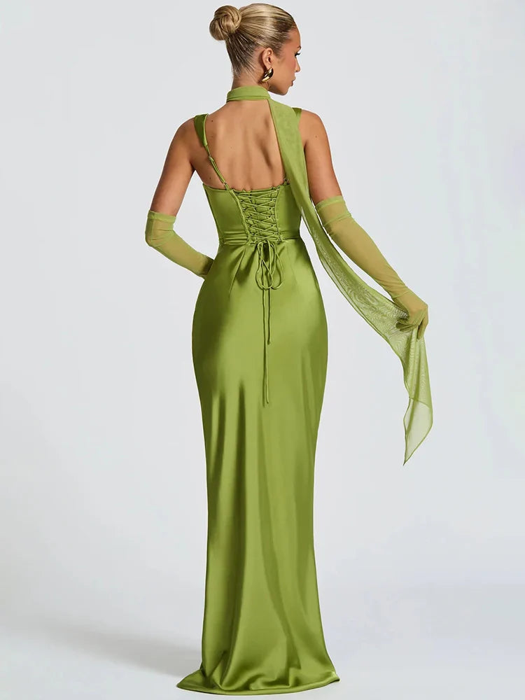 Green Square-Neck Gown with Gloves | Elegant Ankle-Length Dress