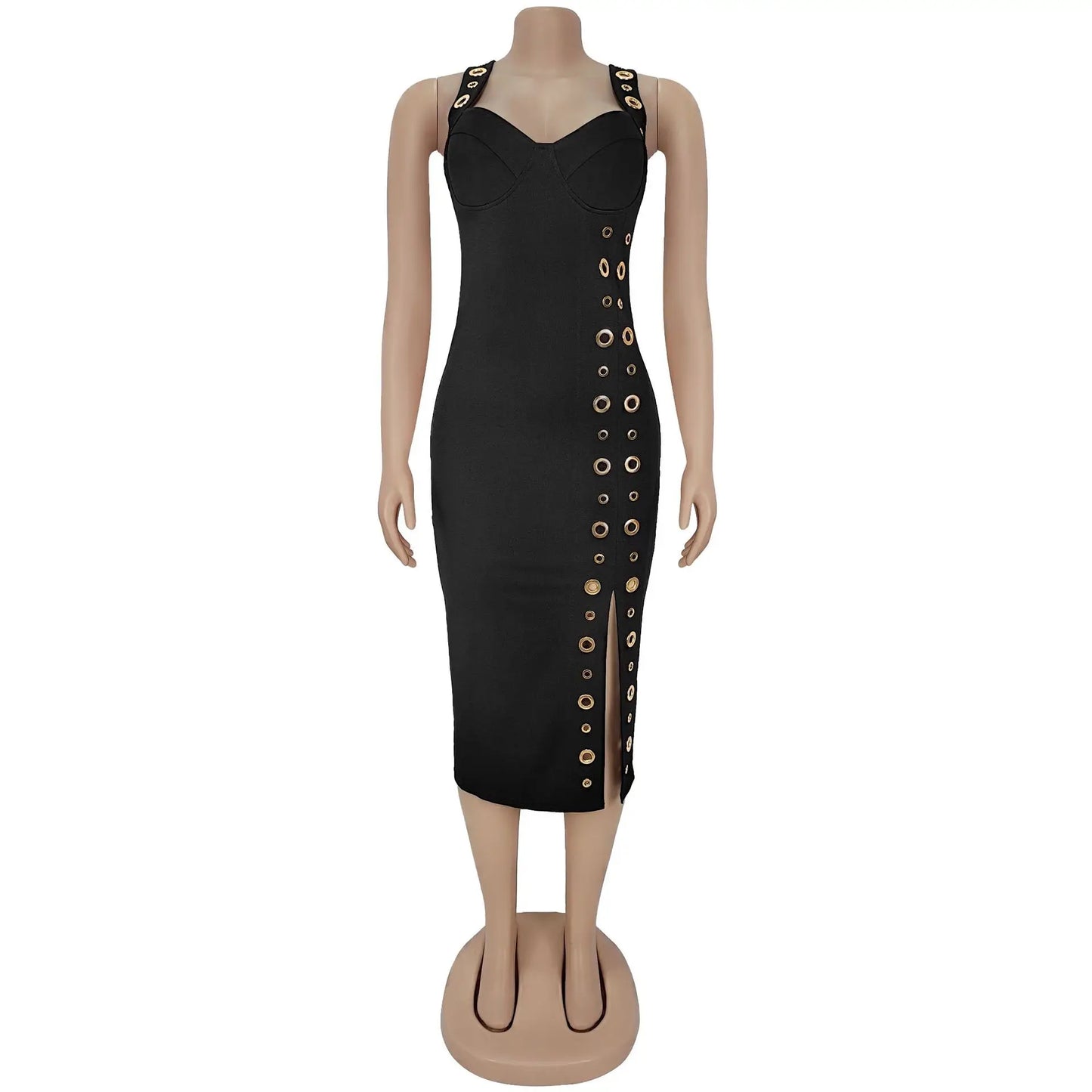 O-Ring Embellished Black Midi Dress | Gold Detail Slit Elegance