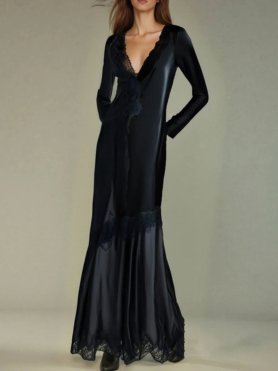 Black & Beige Patchwork Lace Dress | Elegant Ankle-Length Gown