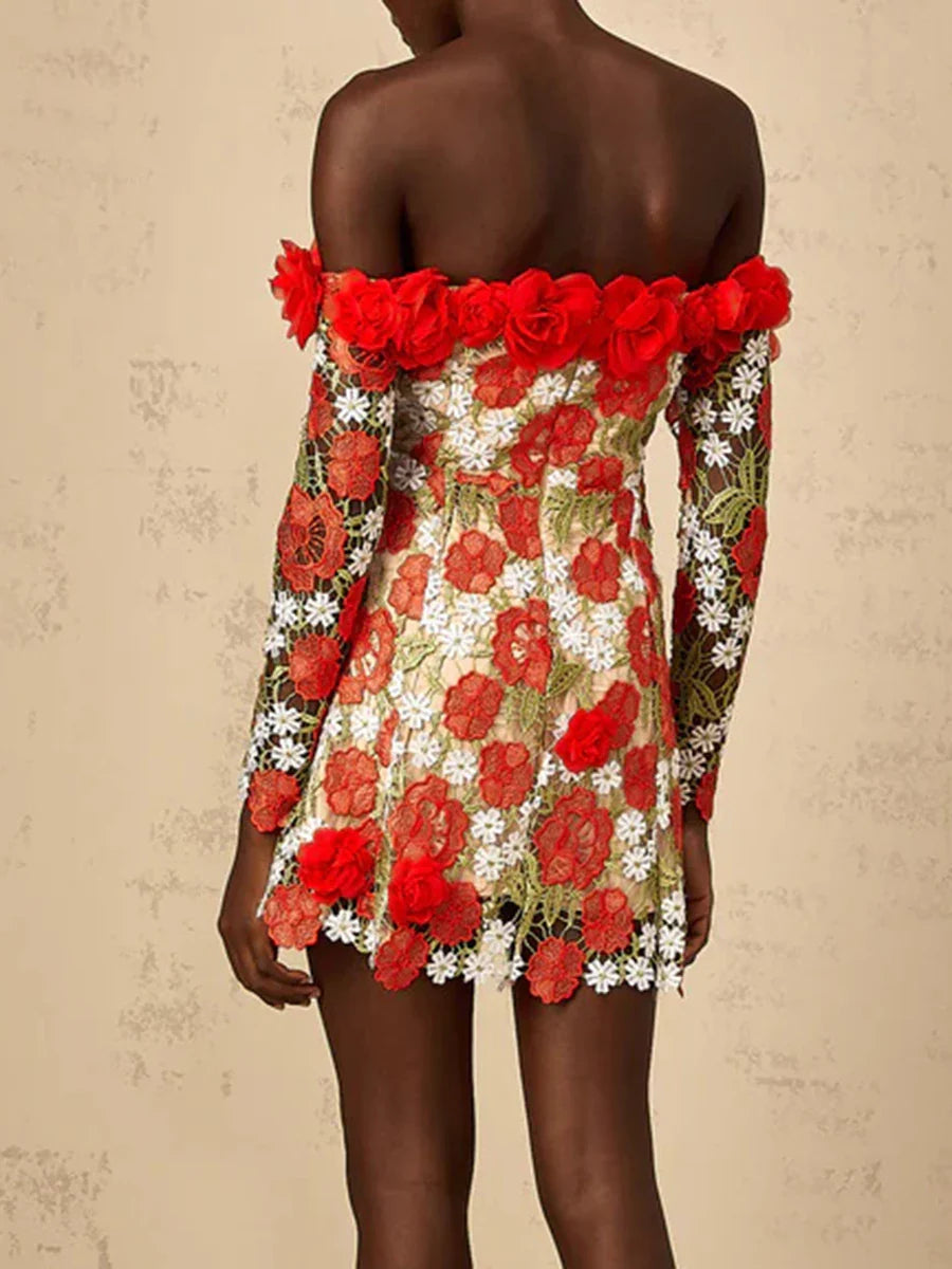 Red 3D Floral Appliqué Off-Shoulder Mini Dress | Summer Standout