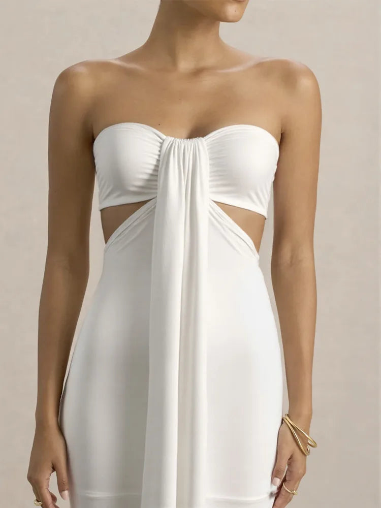 White Strapless Cut-Out Gown | Chic Ankle-Length Occasion Dress