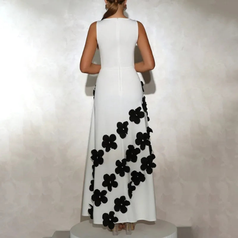 White Floral Embroidered Maxi Dress | Black 3D Flower Detail