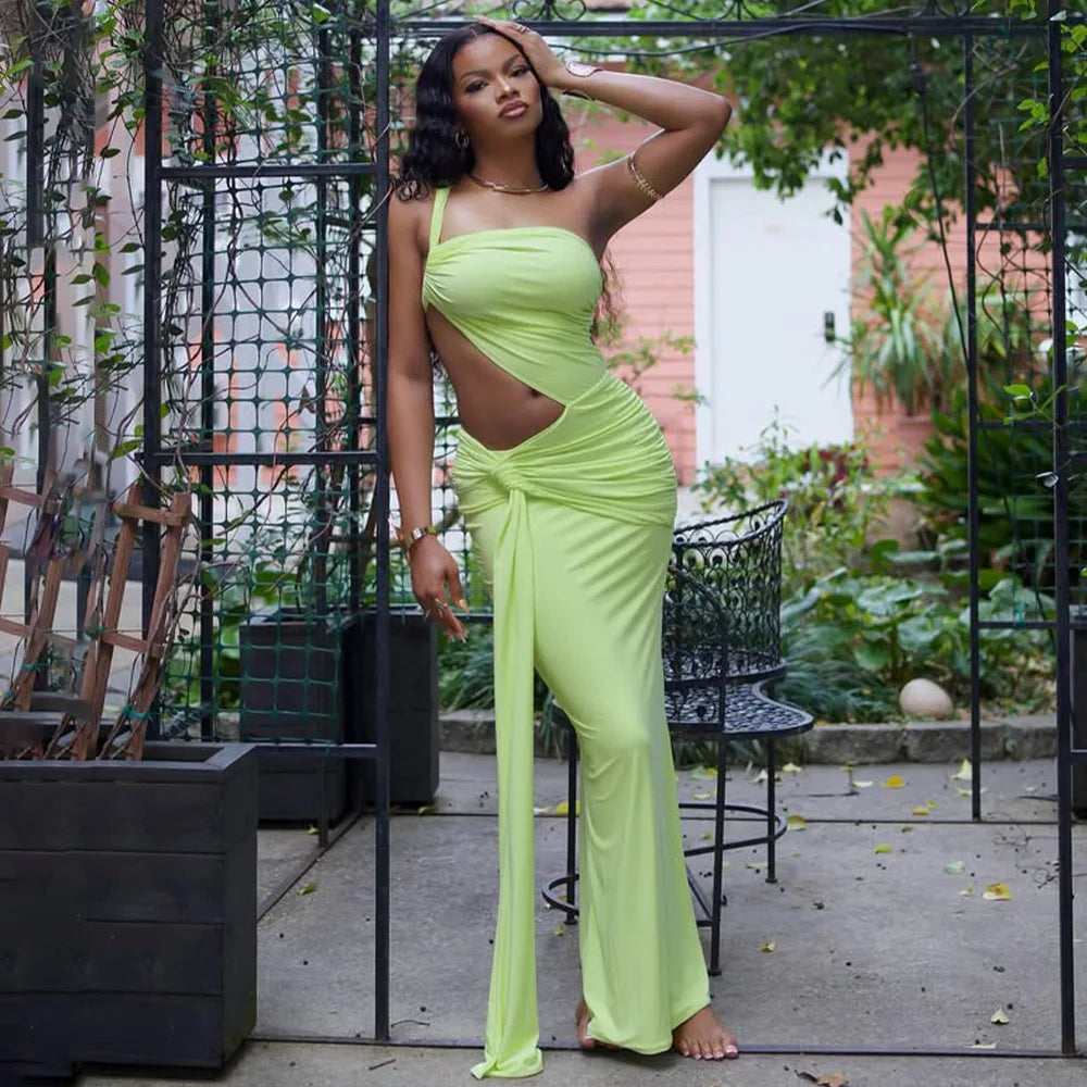 Neon Yellow Cut-Out Maxi Dress | Strapless Ruched Evening Look