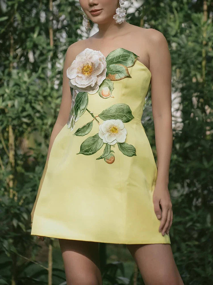 Yellow Strapless Embroidered Floral Mini Dress